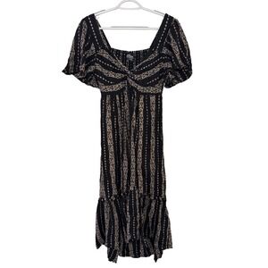 Angie Black Floral Stripe Boho Midi Dress Large Cottagecore Prairie Peasant